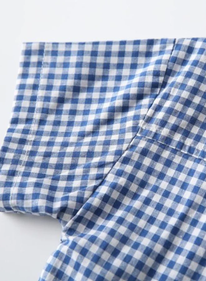يونيكي Blue Collared Short Sleeve Checkered Shirt