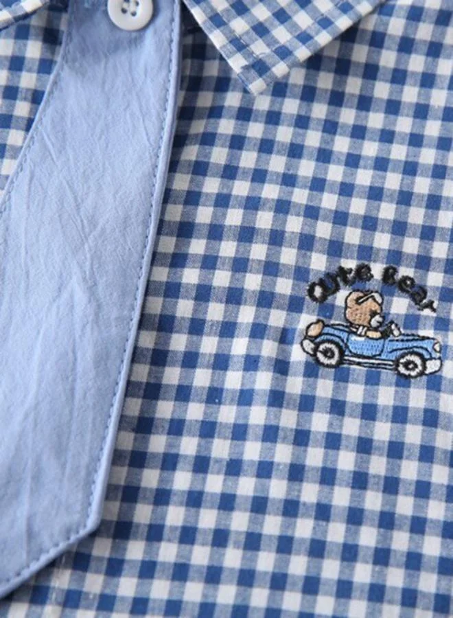 يونيكي Blue Collared Short Sleeve Checkered Shirt
