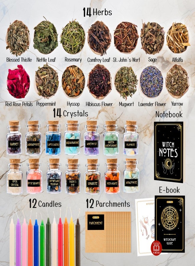 Wyspell Witchcraft Supplies Kit for Witch Altar 54PCS - Spell Candles for Witches - Crystals Spell Jars for Witches - Herbs for Spells - Beginner Witch Starter Box - Witchcraft Kit - Image 3