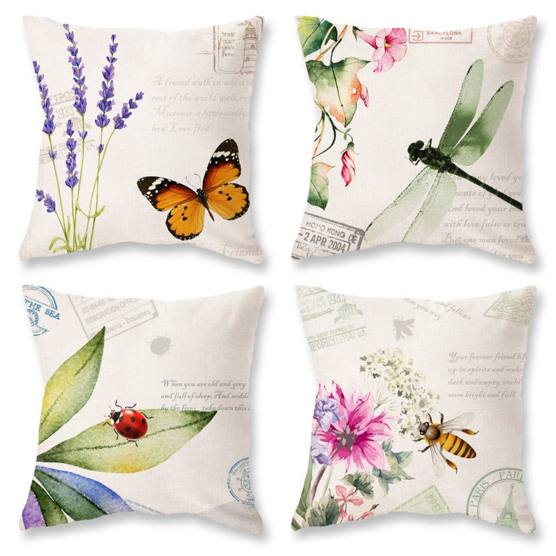 ONWAY Spring Summer Throw Pillow Covers 20x20 Inch Set of 4 Bee Butterfly Decorative Farmhouse Throw Cushion Cover Outdoor Pillows for Couch Sofa Patio Furniture Porch