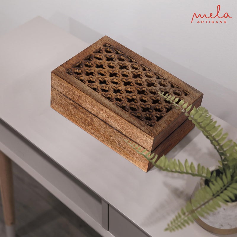 Mela Artisans Wooden Keepsake Box | Medium Burnt Mango Wood Memory & Photo Storage Box with Hinged Lid | Decorative Storage Box | Large | 9x6x3.5 Inch - Image 5