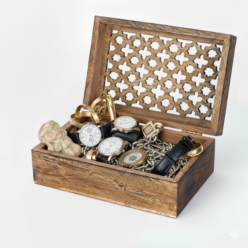 Mela Artisans Wooden Keepsake Box | Medium Burnt Mango Wood Memory & Photo Storage Box with Hinged Lid | Decorative Storage Box | Large | 9x6x3.5 Inch - Image 1