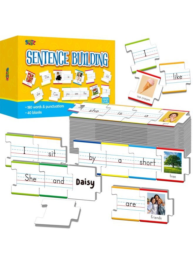 SpriteGru 110 pieces sentence building, double-sided puzzles with 180 sight words and 20 gaps for learning sentences, early reading, writing and language practice - Image 1