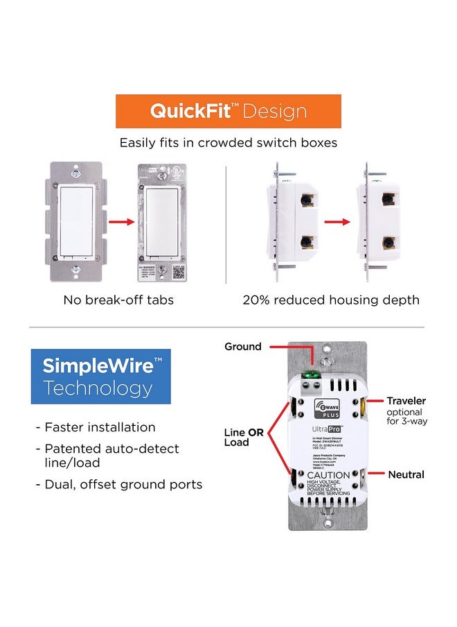 UltraPro UltraPro 700 Series Z-Wave In-Wall Smart Rocker Light Dimmer with QuickFit & SimpleWire, 3-Way Ready, Works with Alexa, Google Assistant, Z-Wave Hub Required, Smart Home, Voice Control, 2 Pack, 59372  - Image 2