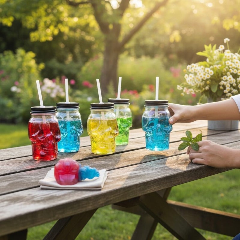 Servette Home Skull Mason Jar Glass Mug Set with Lid and Straw, Iridescent Design, 591ml Capacity, Multi-Color Decorative Drinking Glasses - Image 5