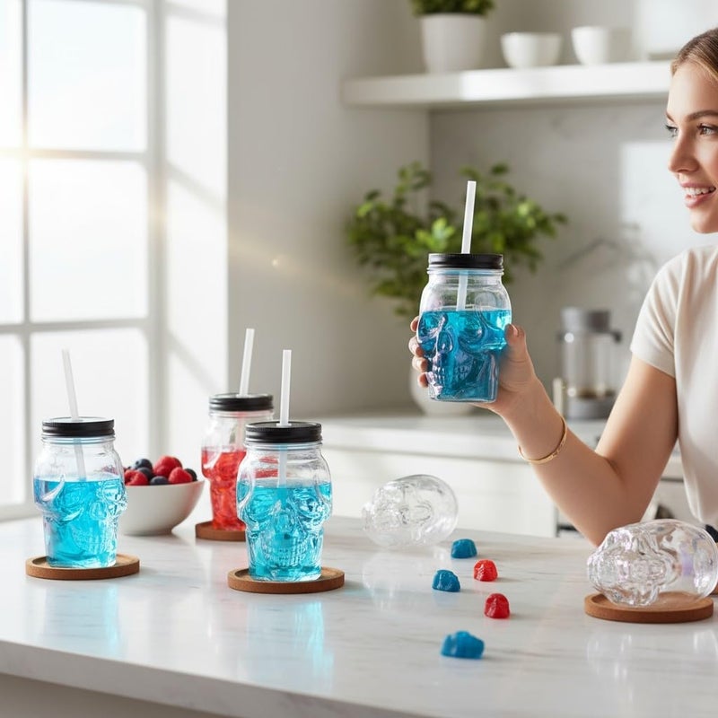 Servette Home Skull Mason Jar Glass Mug Set with Lid and Straw, Iridescent Design, 591ml Capacity, Multi-Color Decorative Drinking Glasses - Image 3