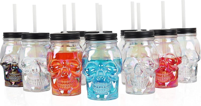 Servette Home Skull Mason Jar Glass Mug Set with Lid and Straw, Iridescent Design, 591ml Capacity, Multi-Color Decorative Drinking Glasses - Image 1