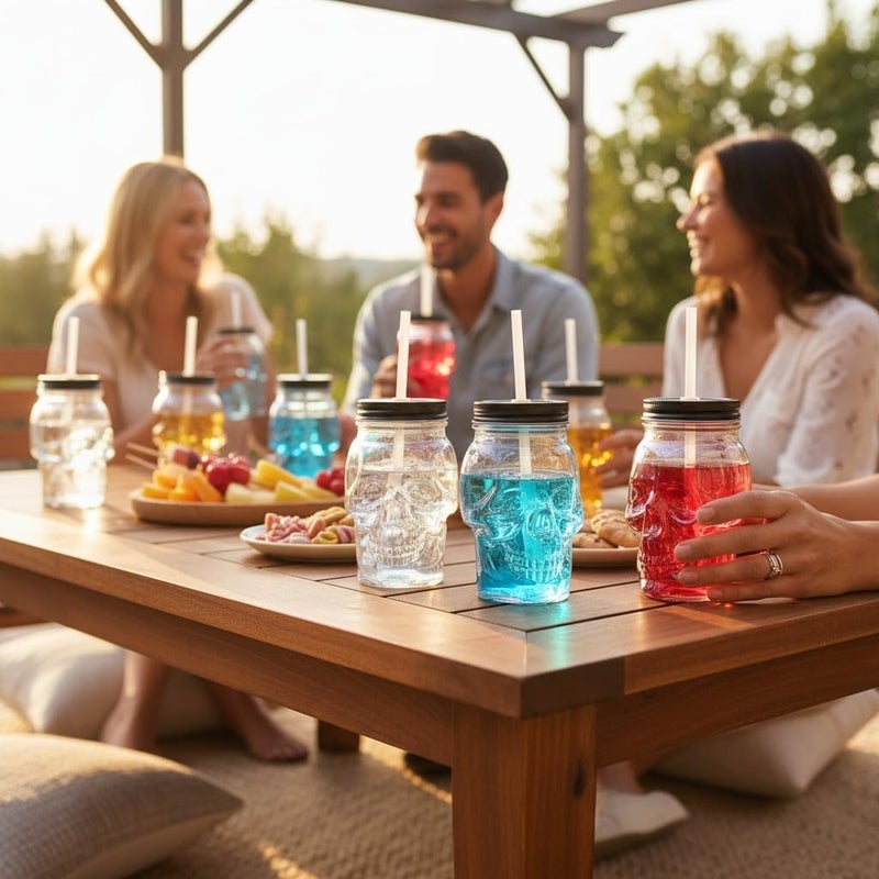 Servette Home Skull Mason Jar Glass Mug Set with Lid and Straw, Iridescent Design, 591ml Capacity, Multi-Color Decorative Drinking Glasses - Image 4