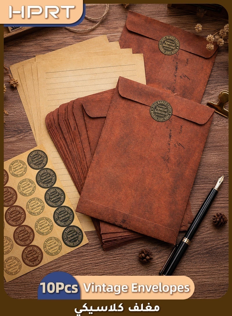 HPRT 10pcs Vintage Kraft Paper Envelopes with Matching Letter Pads & Wax Seal Stickers, 16 x 11 cm, Self-Sealing Stationery Set for Wedding Invitations, Eid & Ramadan Cards, Gift Envelopes - Image 1