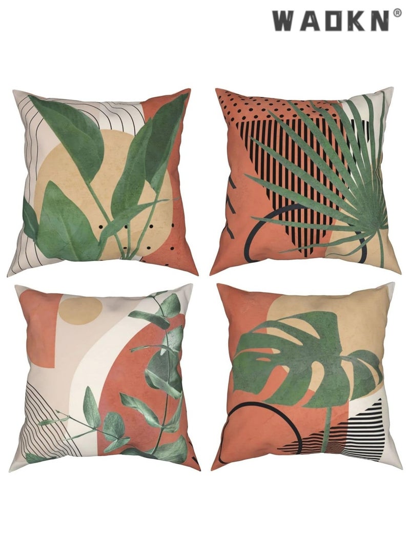 WAOKN Throw Pillow Case, Boho Throw Pillow Covers Set of 4, 18x18 Inch Double Sided Print Abstract Geometric Leaves Pillow Cover, Square Cushion Case for Sofa Couch Chair Farmhouse Home Decor - Image 1