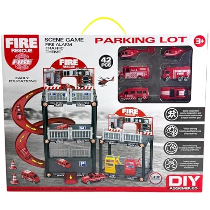FIRE RESCUE PARKING LOT PLAYSET, 42-PIECE MULTI-LEVEL GARAGE WITH VEHICLES AND HELICOPTER, EDUCATIONAL TOY FOR AGES 3+ - Image 3