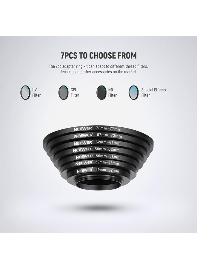NEEWER 7PCS Step Up Rings Filter Adapter, 49-52mm, 52-55mm, 55-58mm, 58-62mm, 62-67mm, 67-72mm, 72-77mm Threaded Premium Anodized Aluminum Frame  - Image 4