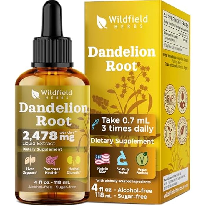 WILDFIELD HERBS 4 Oz Dandelion Root Extract Liquid Drops - Liver & Kidney Support | 2 Month Supply | - Made in USA - Liver Support Supplement - Alcohol & Sugar Free - Image 1