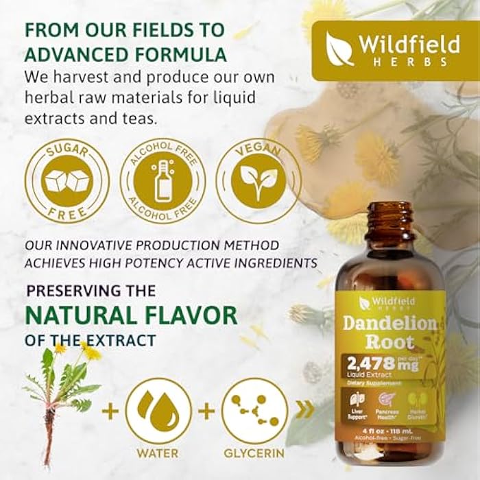 WILDFIELD HERBS 4 Oz Dandelion Root Extract Liquid Drops - Liver & Kidney Support | 2 Month Supply | - Made in USA - Liver Support Supplement - Alcohol & Sugar Free - Image 4