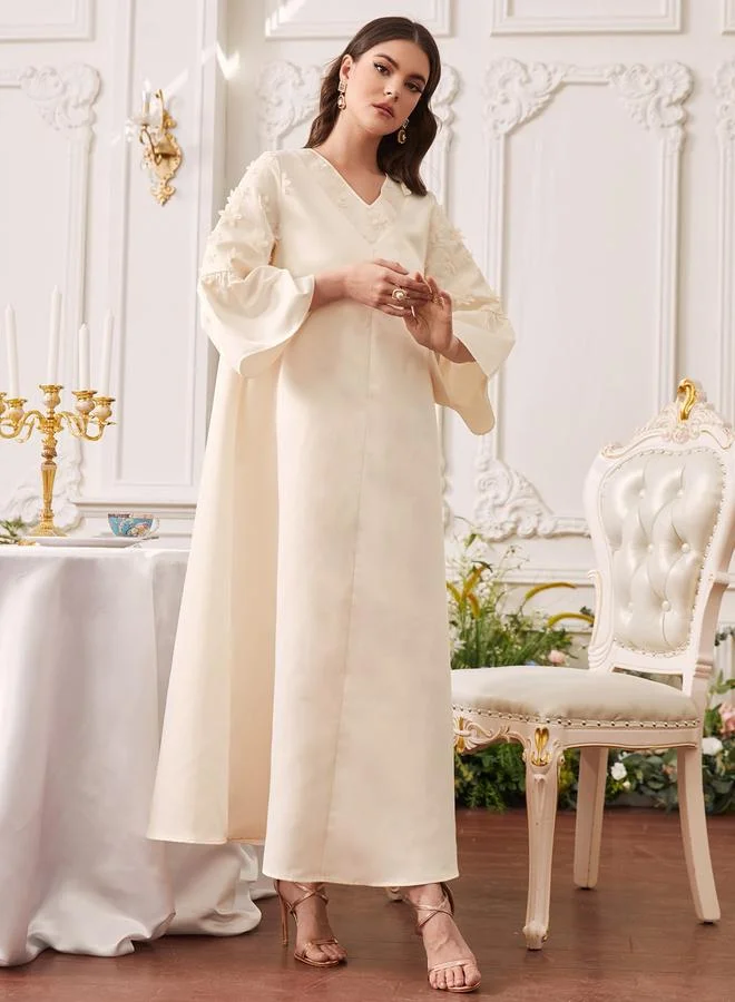 تايك تو Beige Embellished Maxi A-Line Dress with 3/4 Bell Sleeves