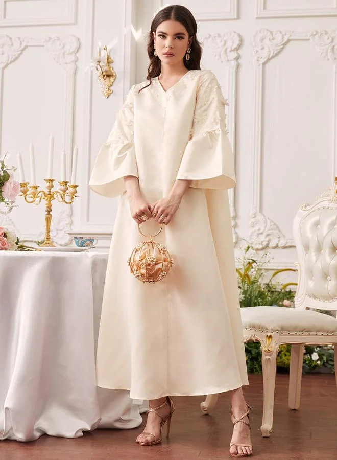 تايك تو Beige Embellished Maxi A-Line Dress with 3/4 Bell Sleeves