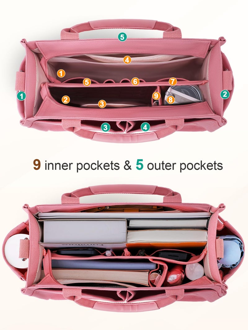 FIORETTO Women's Canvas Tote Bag with Zipper Top, Individual Compartments, Reinforced Bottom, Trolley Sleeve & Adjustable Strap, Doubles as a Crossbody Purse for Work, Travel & Bible, Pink Blush M - Image 3