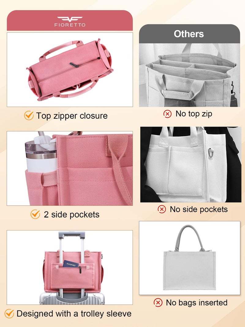 FIORETTO Women's Canvas Tote Bag with Zipper Top, Individual Compartments, Reinforced Bottom, Trolley Sleeve & Adjustable Strap, Doubles as a Crossbody Purse for Work, Travel & Bible, Pink Blush M - Image 4