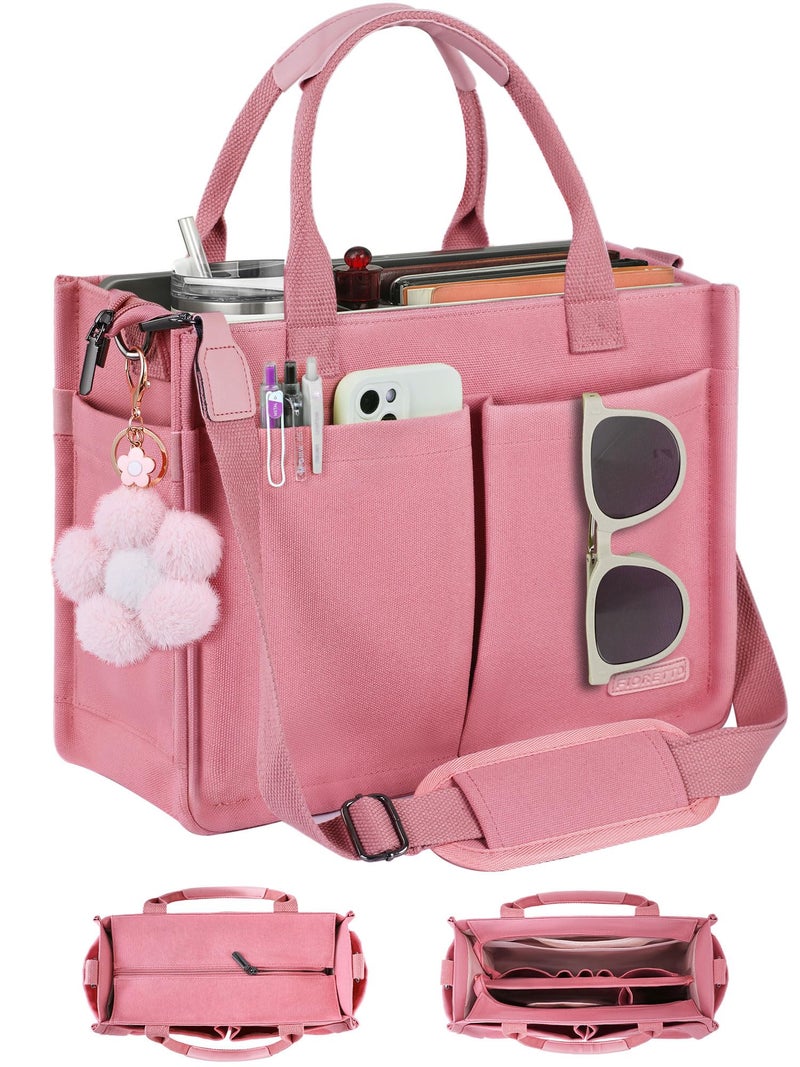 FIORETTO Women's Canvas Tote Bag with Zipper Top, Individual Compartments, Reinforced Bottom, Trolley Sleeve & Adjustable Strap, Doubles as a Crossbody Purse for Work, Travel & Bible, Pink Blush M - Image 1
