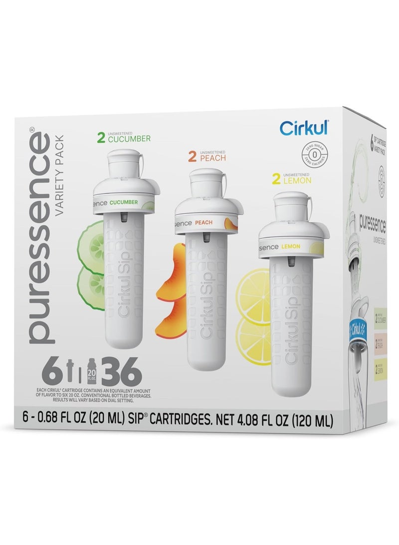 Cirkul Puressence Flavor Cartridge Variety Pack, Unsweetened, 6-Pack (2 Cucumber, 2 Peach, 2 Lemon) - Image 1
