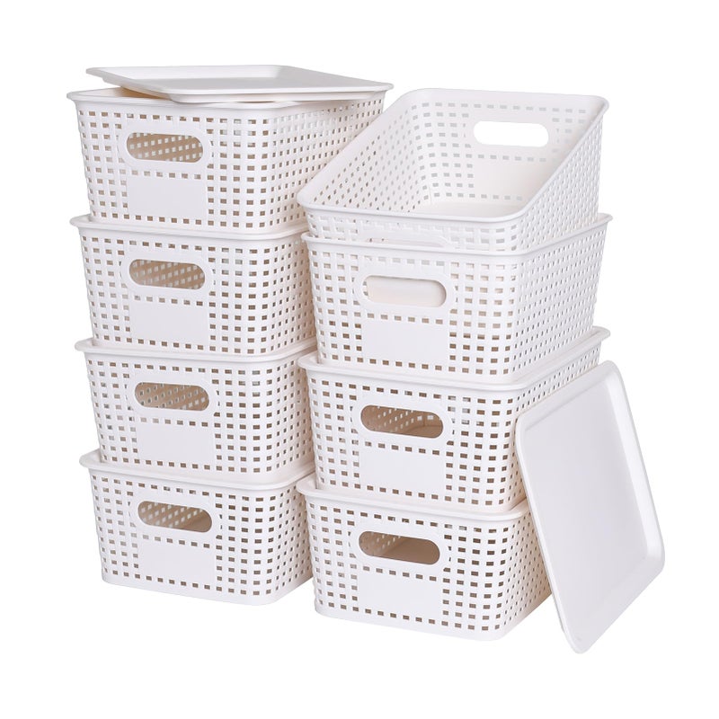 Plastic Storage Baskets with Lid  Plastic Storage Containers Stackable Storage bins Storage Baskets for Organizing Shelves Drawers Desktop Closet Playroom Classroom Office 8 PackWhite
