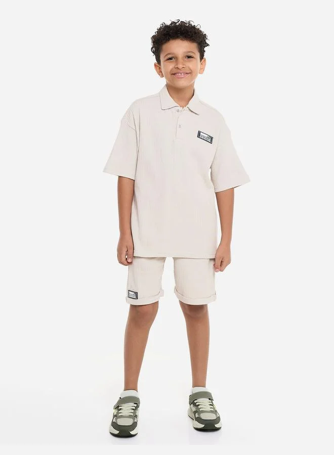 victor and jane Victor And Jane Boys Beige Textured Polo T-Shirt and Shorts Set