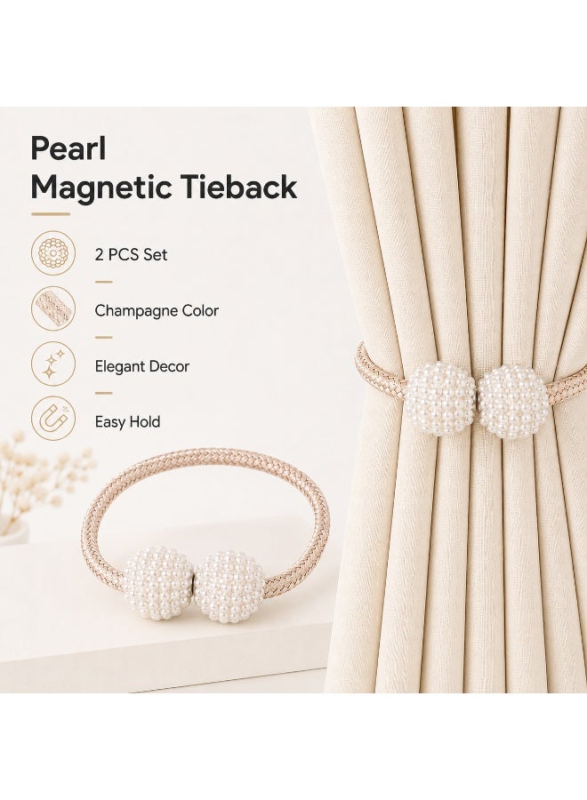 2Pcs Magnetic Curtain Tiebacks, Champagne Braided Rope Curtain Holdbacks with Pearl Ball Magnetic Buckles, No Drilling Curtain Clips for Home Window Decor - Image 1
