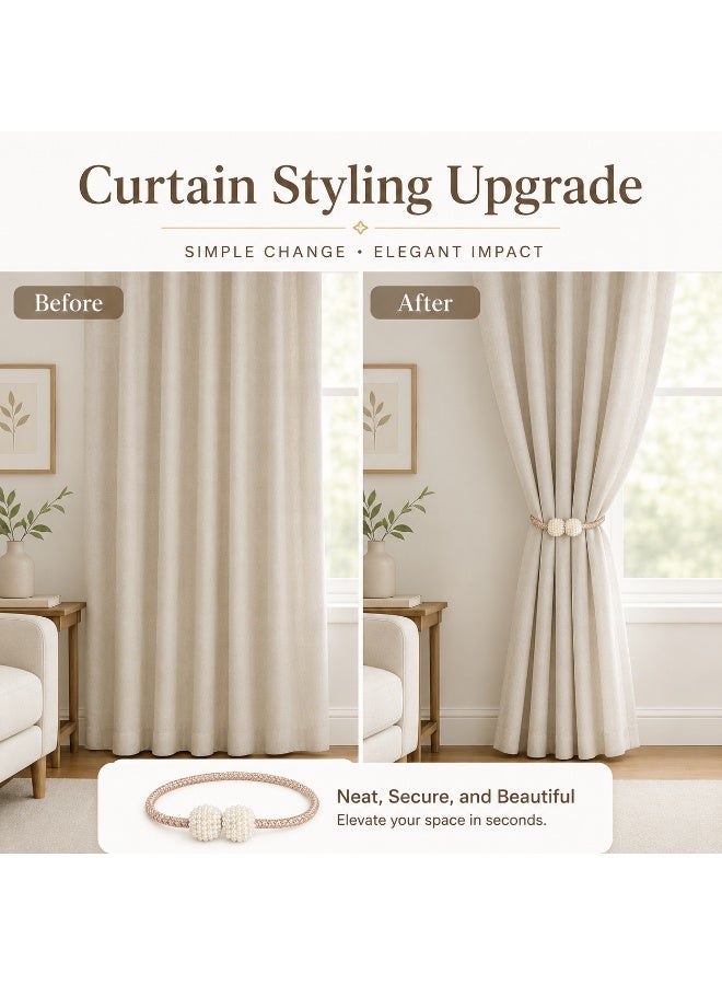 2Pcs Magnetic Curtain Tiebacks, Champagne Braided Rope Curtain Holdbacks with Pearl Ball Magnetic Buckles, No Drilling Curtain Clips for Home Window Decor - Image 5