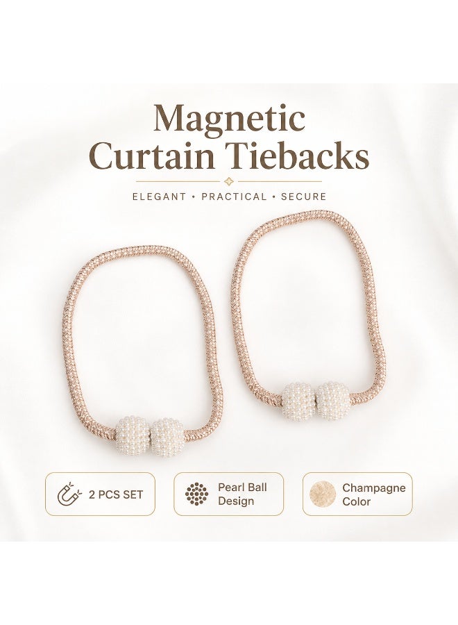 2Pcs Magnetic Curtain Tiebacks, Champagne Braided Rope Curtain Holdbacks with Pearl Ball Magnetic Buckles, No Drilling Curtain Clips for Home Window Decor - Image 2
