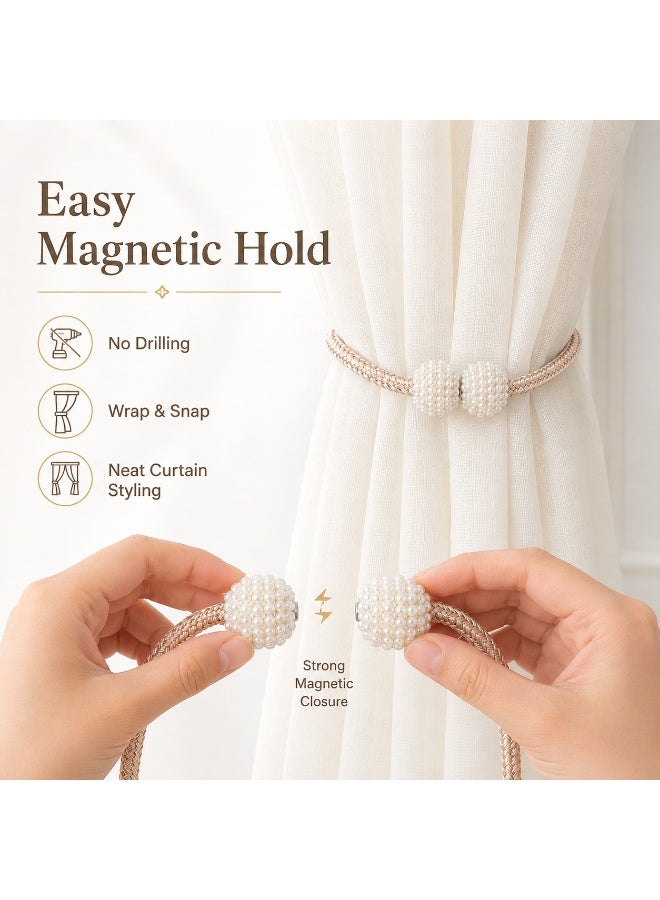 2Pcs Magnetic Curtain Tiebacks, Champagne Braided Rope Curtain Holdbacks with Pearl Ball Magnetic Buckles, No Drilling Curtain Clips for Home Window Decor - Image 4