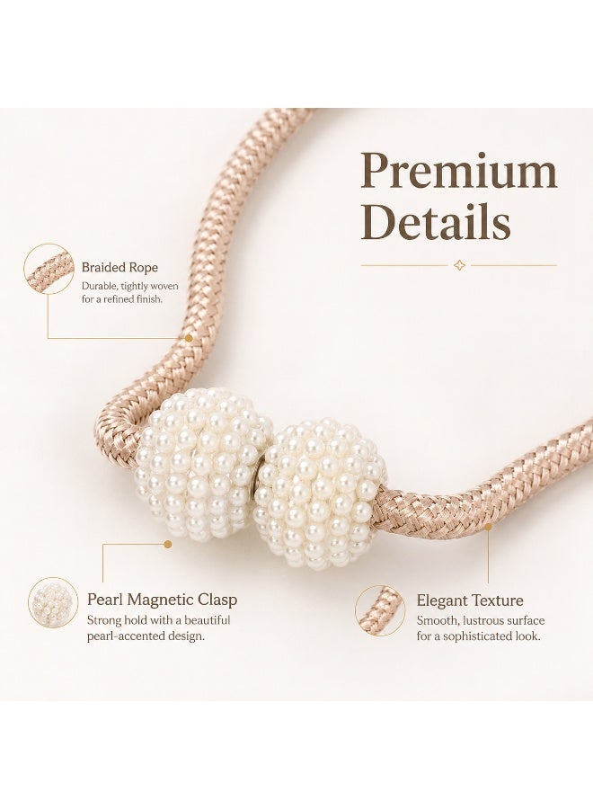 2Pcs Magnetic Curtain Tiebacks, Champagne Braided Rope Curtain Holdbacks with Pearl Ball Magnetic Buckles, No Drilling Curtain Clips for Home Window Decor - Image 3