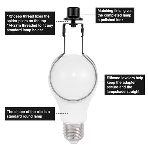 QVQCWD Lamp Shade Holder,Lamp Shade Light Bulb Clip Adapter,Clip On Lampshade Adapter Includes Finial and Lampshade Levellers,Spring Clip for Light Bulb (Black) - Image 3