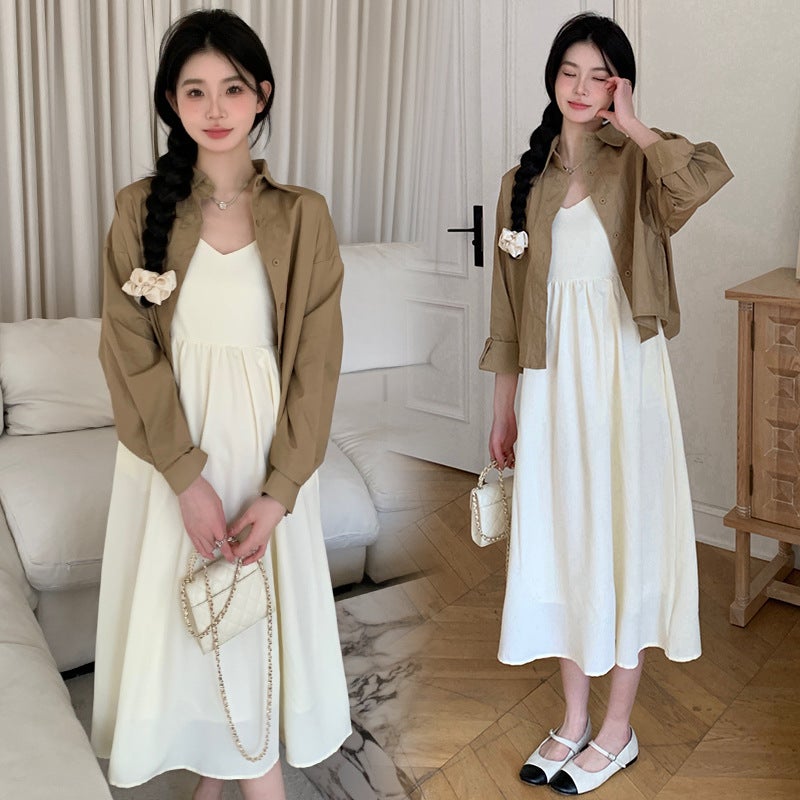 2024 Autumn Maternity Dress Set brown shirt - Image 1