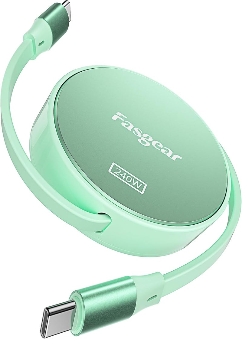 فاسجير كابل 240W من USB-C إلى USB-C، قابل للسحب، بطول 3.3 قدم، يدعم الشحن السريع بقوة 5 أمبير، متوافق مع شاحن USB-C بقوة 100 واط؛ يناسب أجهزة الآيفون 15 Plus، وMacBook Pro 2022، وXbox Series S، إلخ (اللون: أخضر). - Image 1