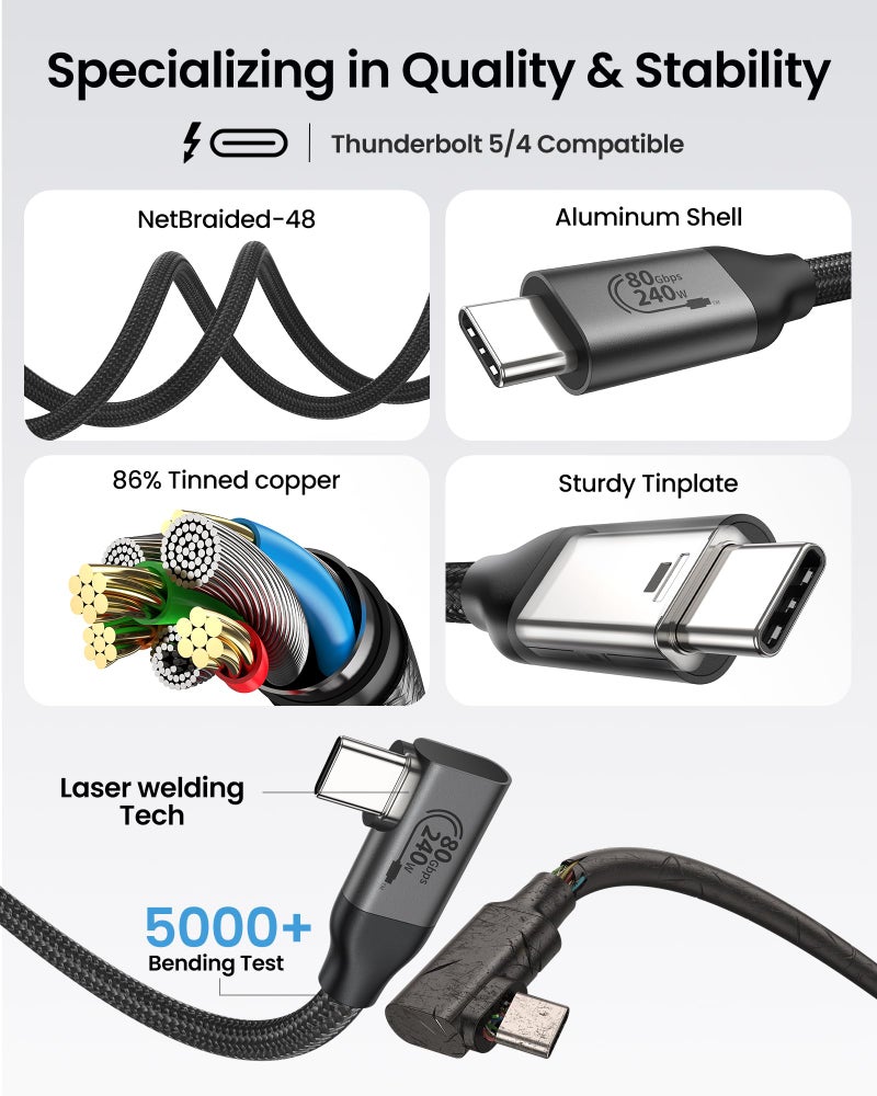 Silkland 80Gbps Right Angle USB 4 Cable for Thunderbolt 5 Cable 4FT, 120Gbps Bandwidth for 16K/Dual 8K, 240W, 90 Degree Braided USB C Video Cable Compatible Thunderbolt 4/5, MacBook M4 Pro,Dock - Image 5