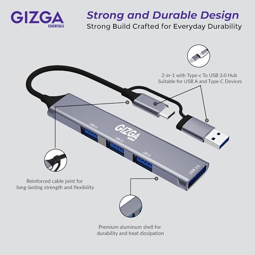 Gizga Essentials 4-in-1 USB C & USB A HUB with USB 3.0 5Gbps High-Speed Port & Dual USB 2.0, Multiport USB Adapter with Smart Chip, Plug & Play, Aluminum Build| Universal for Laptop MacBook Tablet - Image 5