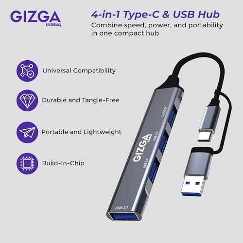 Gizga Essentials 4-in-1 USB C & USB A HUB with USB 3.0 5Gbps High-Speed Port & Dual USB 2.0, Multiport USB Adapter with Smart Chip, Plug & Play, Aluminum Build| Universal for Laptop MacBook Tablet - Image 2
