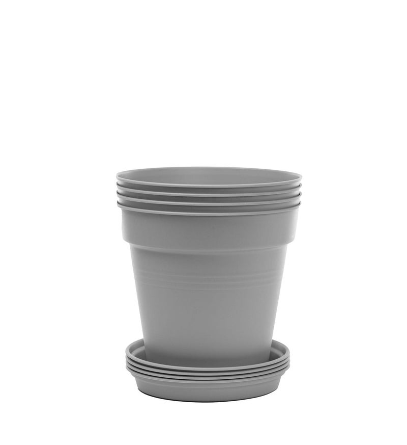 Round Flower Pot Planters X-Large - Pack of 4 with bottom tray - Plastic | Color - Grey | Size - 21x21x23cm | Asthetically Decorate Your Terrace, Garden or Patio. Ideal for outdoor or indoors
