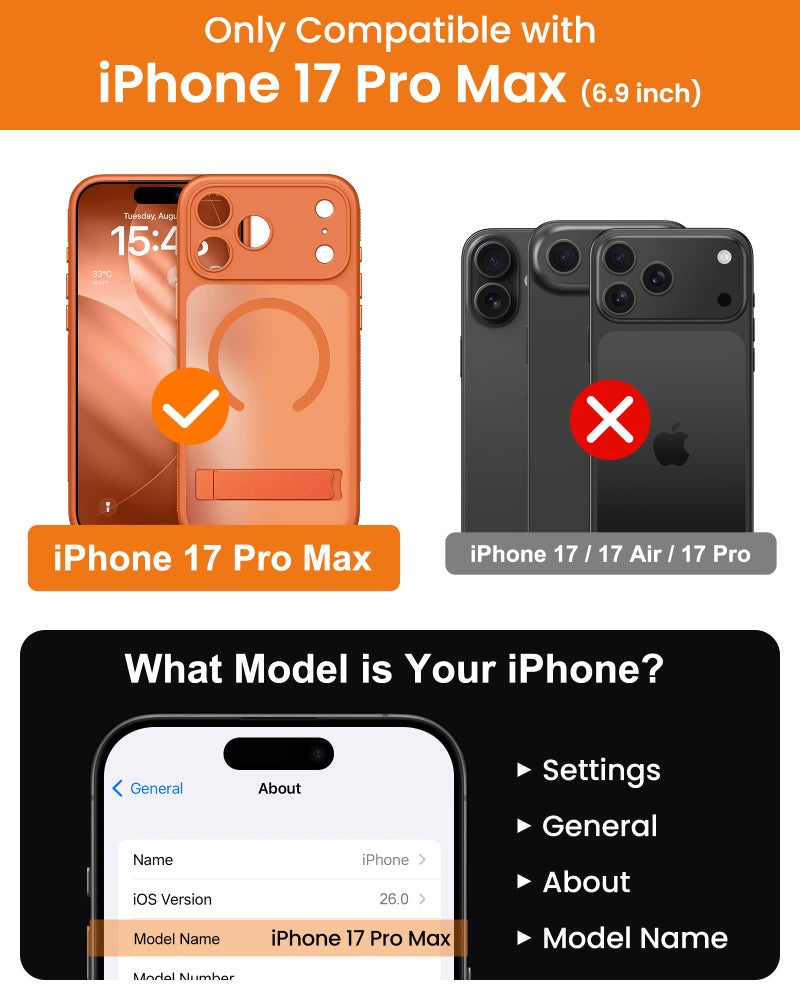 Vihibii فيهيبي لهاتف iPhone 17 Pro Max - جراب مع حامل وتحكم بالكاميرا، [متوافق مع Magsafe]، حماية كاملة للعدسة وحماية عسكرية، غطاء هاتف شفاف نحيف غير قابل للانزلاق، 6.9" 2025، برتقالي - Image 2
