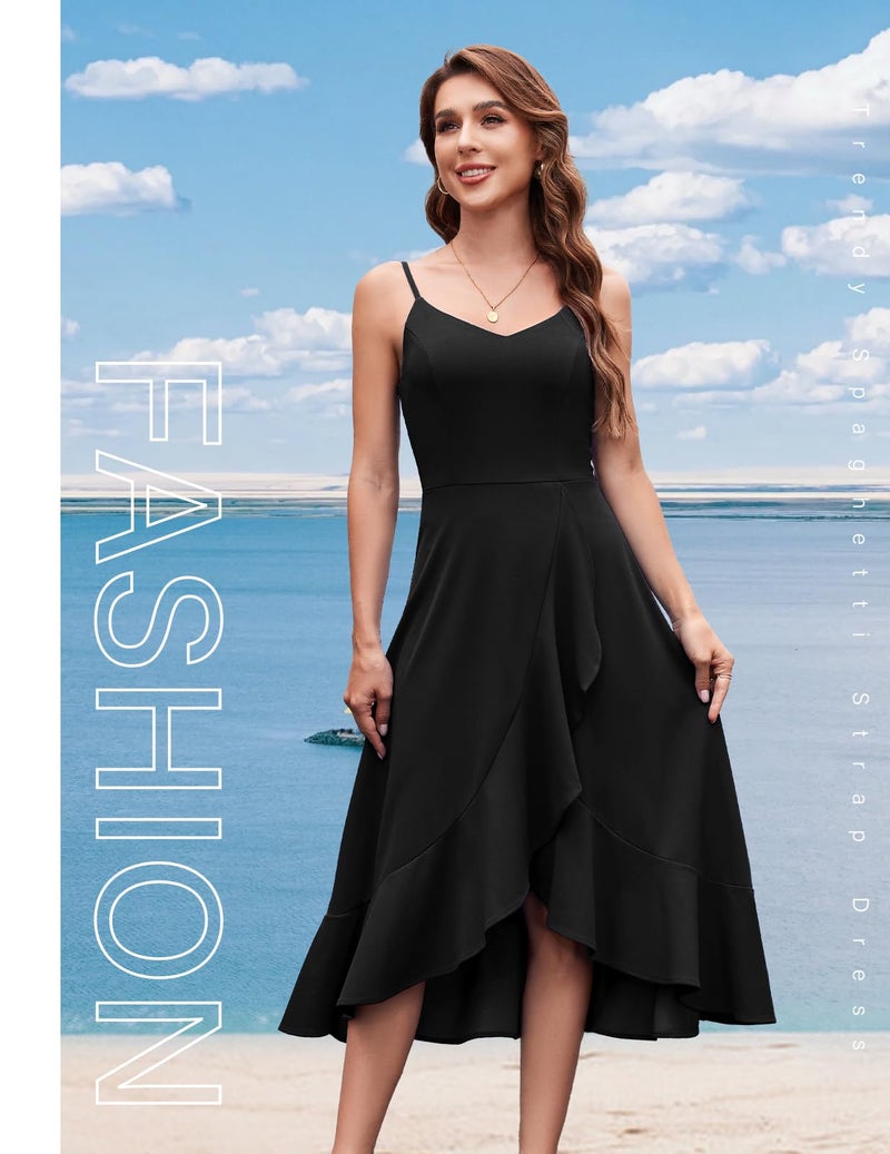 DRESSTELLS Cocktail Dresses for Woman, Black Formal Wedding Guest Aline Fit Flare Vintage Tea Party High Low Ruffle Petite Dress Black S - Image 5