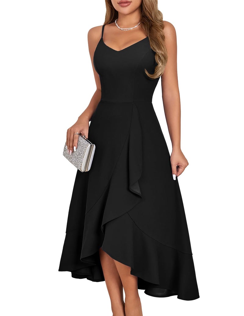 DRESSTELLS Cocktail Dresses for Woman, Black Formal Wedding Guest Aline Fit Flare Vintage Tea Party High Low Ruffle Petite Dress Black S - Image 1