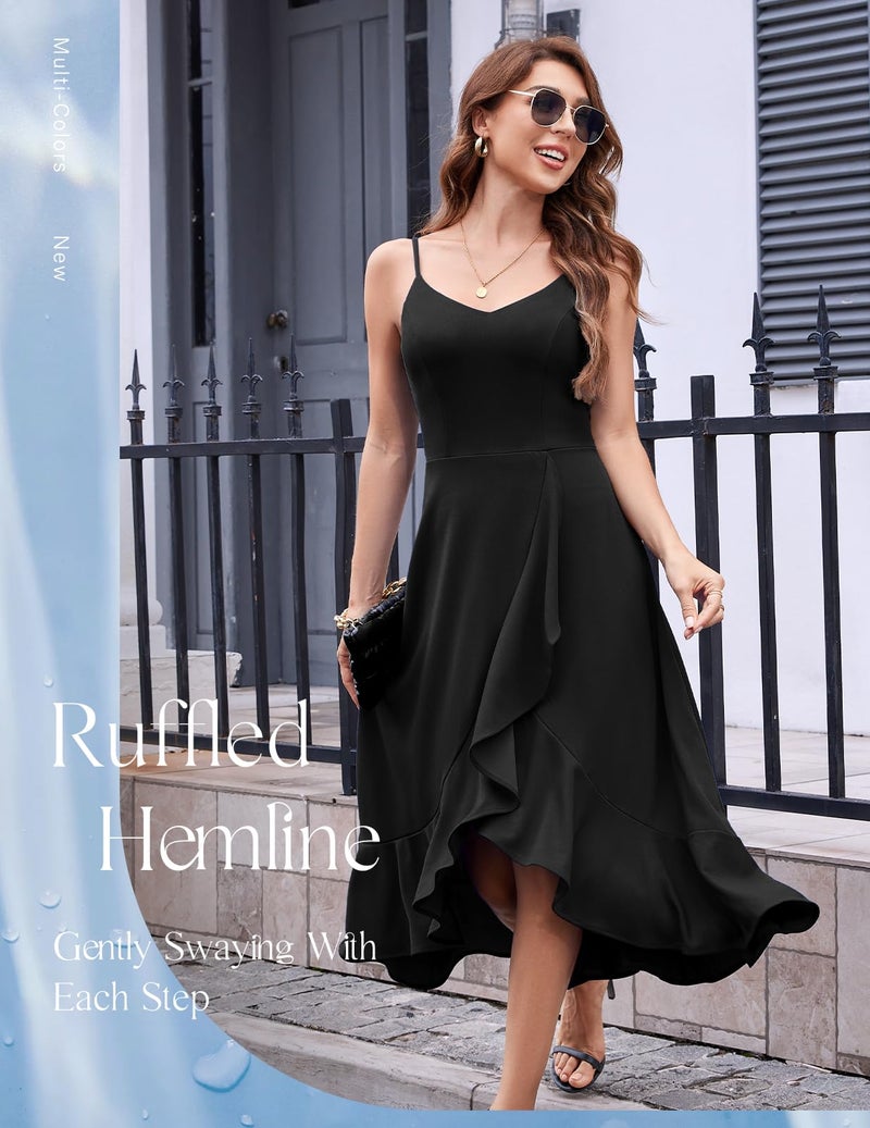 DRESSTELLS Cocktail Dresses for Woman, Black Formal Wedding Guest Aline Fit Flare Vintage Tea Party High Low Ruffle Petite Dress Black S - Image 3