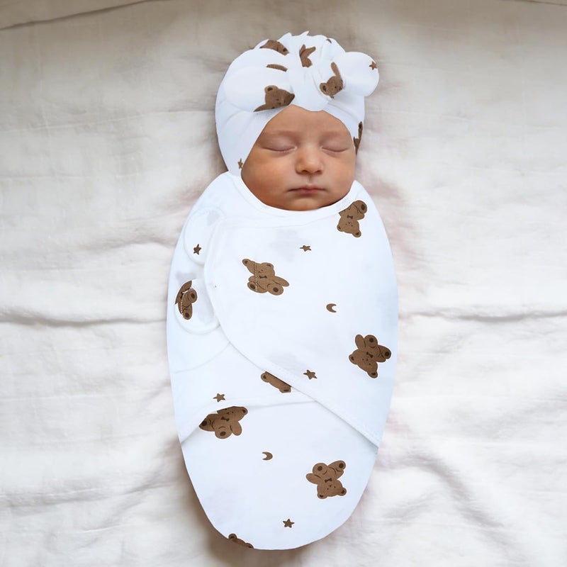 Cinaci 2 Pack Soft Cotton Baby Receiving Swaddle Blankets Wraps Sleep Sacks with Matching Bow Newborn Nursery Bow Hats Caps Beanies Bonnets for Baby Girls Boys Newborns Infants (Multicolor S1) - Image 2