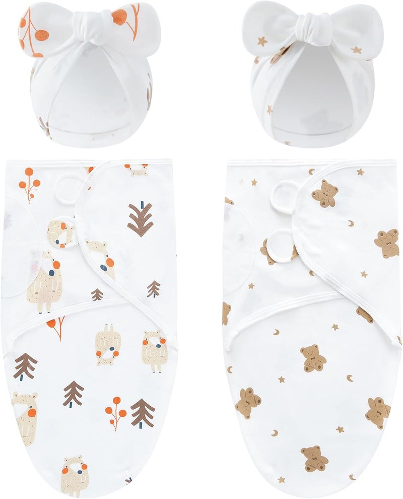 Cinaci 2 Pack Soft Cotton Baby Receiving Swaddle Blankets Wraps Sleep Sacks with Matching Bow Newborn Nursery Bow Hats Caps Beanies Bonnets for Baby Girls Boys Newborns Infants (Multicolor S1) - Image 1