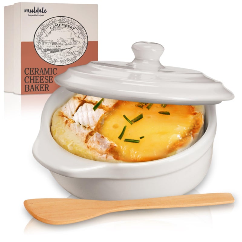 Muldale Camembert Baking Dish with Lid Gift Set  Cheese Baker in White  Lead Free Brie Baking Dish  Ceramic Camembert Baker  14cm  With Spreader and Box