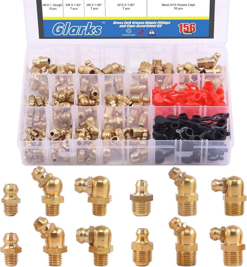 Glarks 156Pcs Metric & SAE Hydraulic Grease Brass Zerk Fitting Assortment Kit with Caps - Image 1
