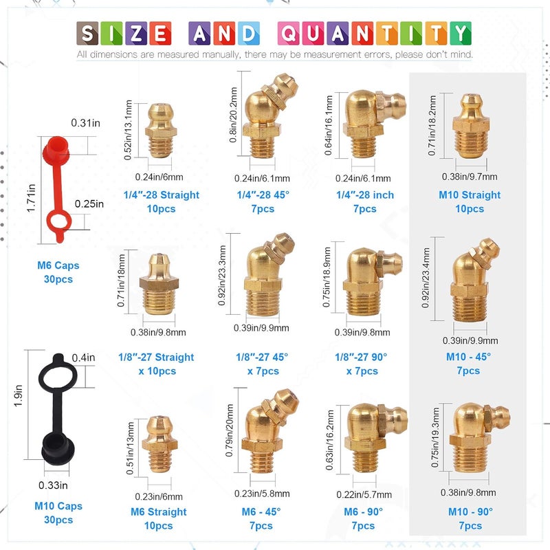 Glarks 156Pcs Metric & SAE Hydraulic Grease Brass Zerk Fitting Assortment Kit with Caps - Image 2