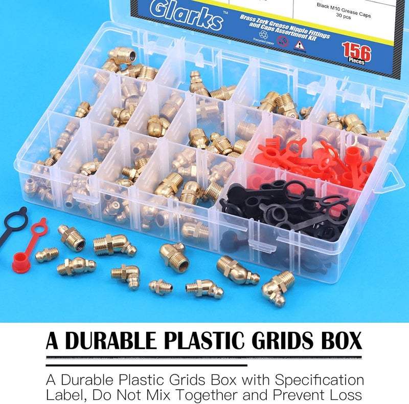 Glarks 156Pcs Metric & SAE Hydraulic Grease Brass Zerk Fitting Assortment Kit with Caps - Image 5