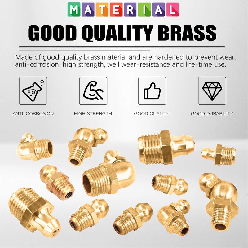 Glarks 156Pcs Metric & SAE Hydraulic Grease Brass Zerk Fitting Assortment Kit with Caps - Image 3