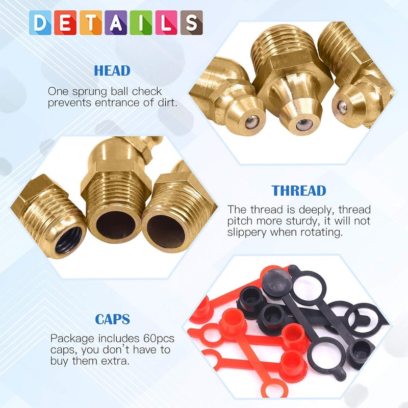 Glarks 156Pcs Metric & SAE Hydraulic Grease Brass Zerk Fitting Assortment Kit with Caps - Image 4